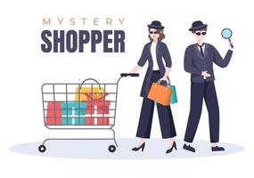 comprador misterioso con bolsas en gafas de sol, lupa, abrigos espía y sombreros en ilustración de estilo de dibujos animados planos vector