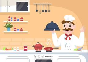 Professional Chef Cartoon Character Cooking Illustration with Different Trays and Food to Serve Delicious Food Made in Kitchen Suitable for Poster vector