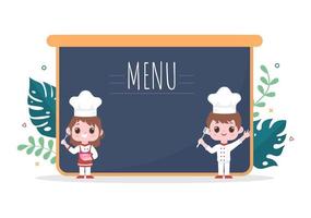 chef profesional para niños personaje de dibujos animados ilustración de cocina con menú diferentes bandejas y comida para servir deliciosa comida adecuada para póster o fondo vector