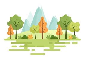 naturaleza y paisaje únicos de árboles, bosques, montañas, flores o plantas en primavera y verano de fondo en diferentes formas abstractas ilustración de estilo plano vector