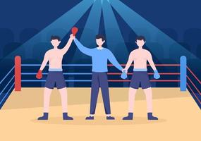 Professional Boxing Sport Wearing Boxer, Ring, Belt, Punch Bags, Red Gloves and Helmet When Competing, Sparring or Practicing in Flat Cartoon Illustration vector