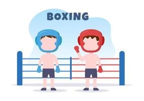 deporte de boxeo profesional con boxeador, anillo, cinturón, sacos de boxeo, guantes rojos y casco al competir, pelear o practicar en dibujos animados planos