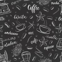 Coffee seamless pattern in vintage hand drawn doodle style with different objects on coffee theme. vector