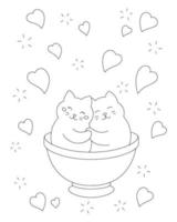 Cute cats in a cup. Coloring book page for kids. Valentine's Day. Cartoon style character. Vector illustration isolated on white background.