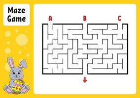 Rectangle maze. Game for kids. Three entrances, one exit. Education worksheet. Puzzle for children. Labyrinth conundrum. Color vector illustration. Find the right path. Easter theme.