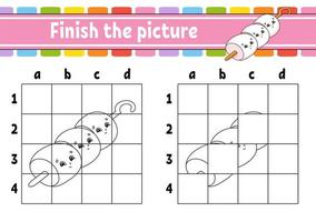 Finish the picture. Coloring book pages for kids. Education developing worksheet. Game for children. Handwriting practice. cartoon character. Vector illustration. Barbecue theme.