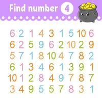 Find number. Education developing worksheet. Activity page with pictures. Game for children. Color isolated vector illustration. Funny character. cartoon style.