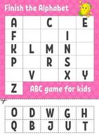 Finish the alphabet. ABC game for kids. Cut and glue. Education developing worksheet. Learning game for kids. Color activity page. St. Patrick's day. vector