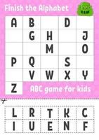 Finish the alphabet. ABC game for kids. Cut and glue. Education developing worksheet. Learning game for kids. Color activity page. St. Patrick's day. vector