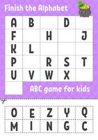 Finish the alphabet. ABC game for kids. Cut and glue. Education developing worksheet. Learning game for kids. Color activity page. St. Patrick's day. vector