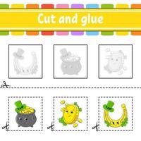 Cut and glue. Game for kids. Education developing worksheet. Color activity page. cartoon character. St. Patrick's day. vector