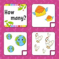 Counting game for children. Happy characters. Learning mathematics. How many object in the picture. Education worksheet. With space for answers. Isolated vector illustration in cute cartoon style.