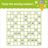 Paste the missing numbers from 1 to 100. Handwriting practice. Learning numbers for kids. Education developing worksheet. Activity page. Game for children.