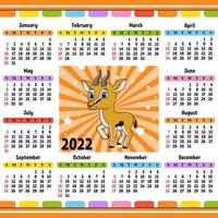 calendario para 2022 con un lindo personaje. diseño divertido y brillante. Ilustración de vector de color aislado. estilo de dibujos animados.