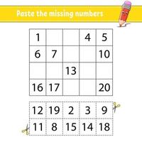 Paste the missing numbers 1-20. Game for children. Handwriting practice. Learning numbers for kids. Education developing worksheet. Activity page. Isolated vector illustration in cute cartoon style.