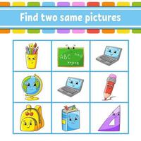 Find two same pictures. Task for kids. Education developing worksheet. Activity page. Color game for children. Funny character. Isolated vector illustration. cartoon style.