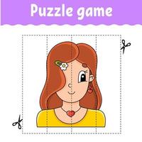 Puzzle game for kids. Cutting practice. Education developing worksheet. Activity page. cartoon character. Vector illustration.