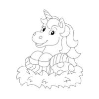 Cute unicorn and nest with easter eggs. Coloring book page for kids. Cartoon style character. Vector illustration isolated on white background.