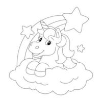 A cute unicorn jumps out of a cloud with a rainbow. Coloring book page for kids. Cartoon style character. Vector illustration isolated on white background.