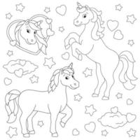 encantadores unicornios mágicos enamorados. página de libro para colorear para niños. personaje de estilo de dibujos animados. ilustración vectorial aislado sobre fondo blanco. vector