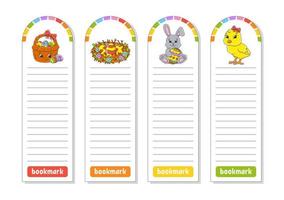 Set of paper bookmarks for books with cute cartoon characters. For kids. Color vector illustration. Easter theme.