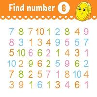 Find number. Education developing worksheet. Activity page with pictures. Game for children. Color isolated vector illustration. Funny character. cartoon style.