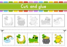 Cut and play. Paper game with glue. Flash cards. Education worksheet. Activity page. Scissors practice. Isolated vector illustration. cartoon style. St. Patrick's day.