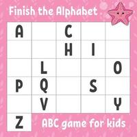 Finish the alphabet. ABC game for kids. Education developing worksheet. Learning game for kids. Color activity page. vector