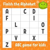 Finish the alphabet. ABC game for kids. Education developing worksheet. Learning game for kids. Color activity page. vector