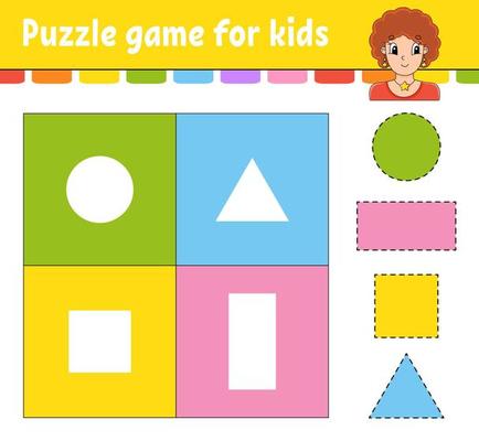 Puzzle game for kids. Cut and paste. Cutting practice. Learning shapes. Education worksheet. Circle, square, rectangle, triangle. Activity page. Cartoon character.