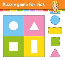 Puzzle game for kids. Cut and paste. Cutting practice. Learning shapes. Education worksheet. Circle, square, rectangle, triangle. Activity page. Cartoon character. vector