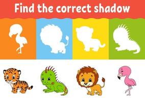 Find the correct shadow. Education worksheet. Matching game for kids. Color activity page. Puzzle for children. Animal theme. Isolated vector illustration.