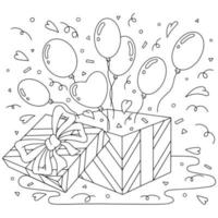 Gift box with balloons. Coloring book page for kids. Cartoon style. Vector illustration isolated on white background.