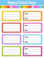 Back to school labels. Set stickers for notebook. Name and class. Bright stickers. Rectangular label. Color vector isolated illustration.