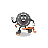 Mascot cartoon of hockey puck running on finish line vector