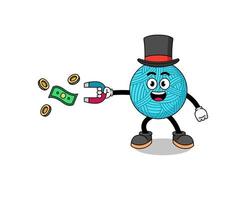 ilustración de personaje de bola de hilo atrapando dinero con un imán vector