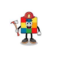 Cartoon mascot of cube puzzle firefighter vector