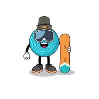 caricatura de mascota de jugador de snowboard de bola de hilo vector