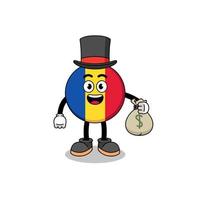 romania flag mascot illustration rich man holding a money sack vector