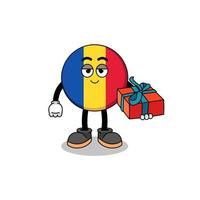 ilustración de la mascota de la bandera de rumania dando un regalo vector