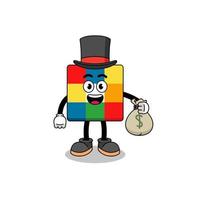 cube puzzle mascot illustration rich man holding a money sack vector