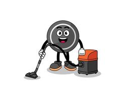 Character mascot of hockey puck holding vacuum cleaner vector