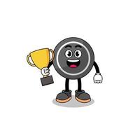 Cartoon mascot of hockey puck holding a trophy vector