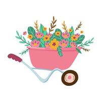 ilustración primaveral de un carro de jardín con flores. vector