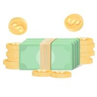 paquetes de efectivo y monedas aisladas en un fondo blanco. Ilustración vectorial 3d.