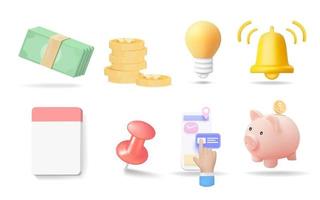 conjunto de iconos de negocios 3d. paquete de efectivo, bombilla, campana, alfiler, alcancía. ilustración vectorial vector