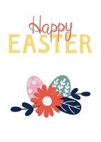 Greeting card with Easter eggs and flower bouquet. Vector illustration for poster or print