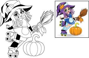 Little cute girl witch or sorceress is rollerblading with a broom. Children's coloring book. vector