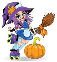 Little cute girl witch or sorceress is rollerblading with a broom. Children's fashion illustration. vector