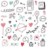 colorido amor clipart dibujado a mano garabatos para el día de san valentín con corazones, arco, flechas, veneno, letras, calendario, guirnalda, linternas, carta, regalo, globo, nube de conversación, globo de diálogo